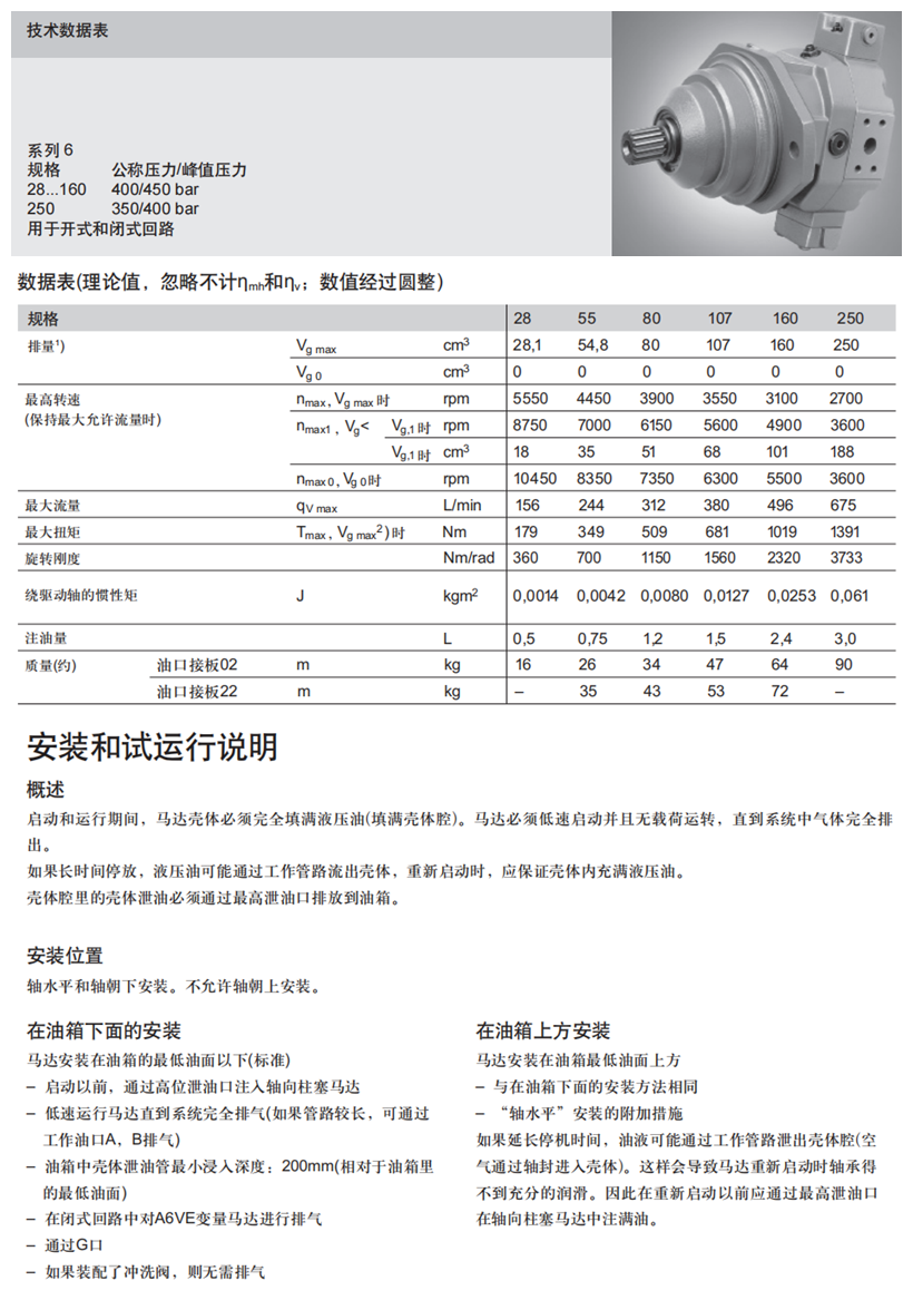 力士樂A6VE馬達技術(shù)參數(shù)